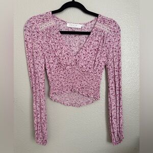 ASTR Pink Ditsy Floral Peasant Smocked Crop Top Size Small